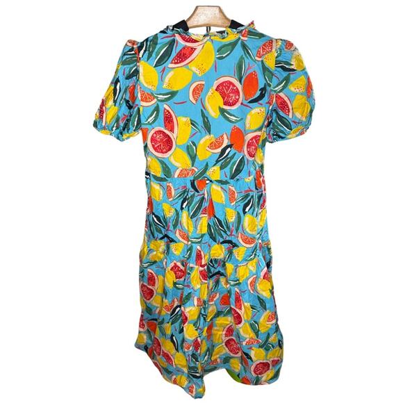 Donna Morgan Colorful Fruit Citrus Lemon Oranges Puff Sleeve MIDI Tier Dress R16 - Picture 4 of 11
